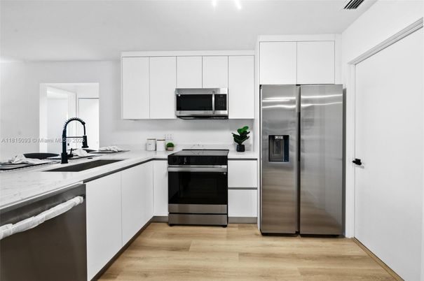 Interior, Kitchen, Stainless Steel Appliances, Wood Texture Flooring