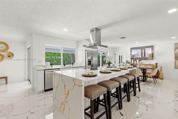 Dining room, Interior, Kitchen, Marble, Recessed Lighting, Stainless Steel Appliances