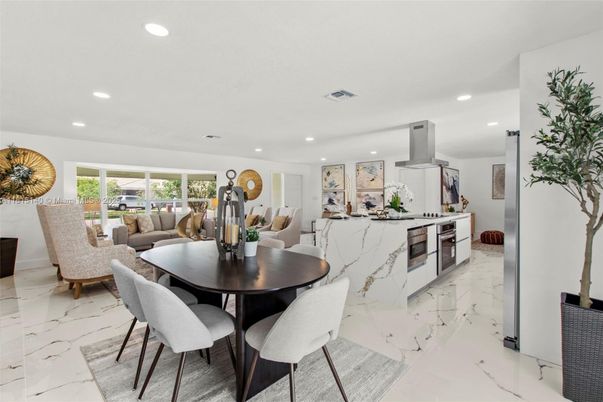 Dining room, Interior, Kitchen, Living room, Marble, Recessed Lighting