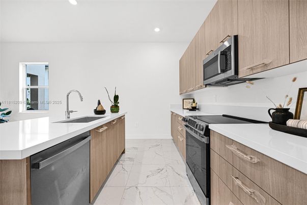 Interior, Kitchen, Marble, Recessed Lighting, Stainless Steel Appliances