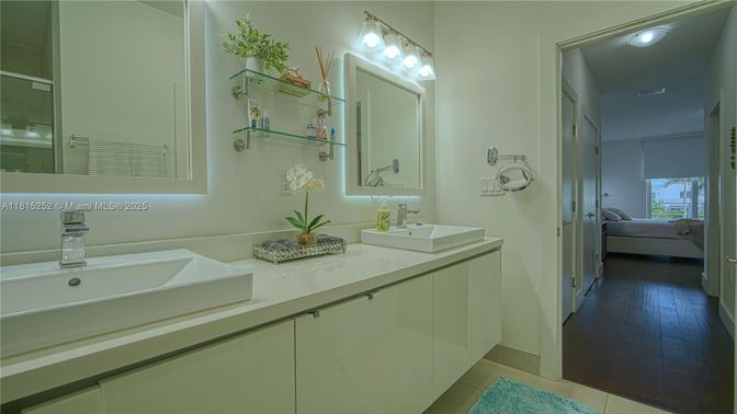 Bathroom, Dual Sink Vanities, Interior, Recessed Lighting, Wood Texture Flooring
