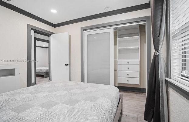 Bedroom, Interior, Recessed Lighting, Wood Texture Flooring