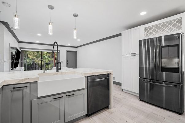 Interior, Kitchen, Pendant Lights, Recessed Lighting, Stainless Steel Appliances, Wood Texture Flooring