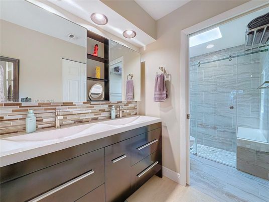 Bathroom, Glass Shower, Interior, Recessed Lighting, Wood Texture Flooring