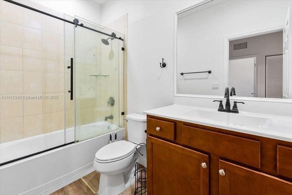 Bathroom, Glass Shower, Interior, Wood Texture Flooring