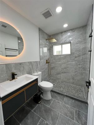 Bathroom, Glass Shower, Interior, Marble Walls, Recessed Lighting