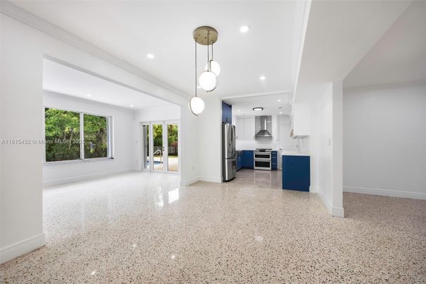 Empty room, Interior, Kitchen, Pendant Lights, Recessed Lighting, Stainless Steel Appliances