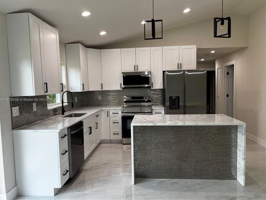 Interior, Kitchen, Marble, Pendant Lights, Recessed Lighting, Stainless Steel Appliances