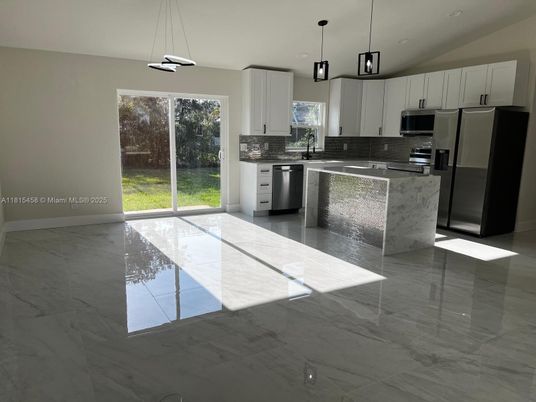 Interior, Kitchen, Marble, Pendant Lights, Recessed Lighting, Stainless Steel Appliances