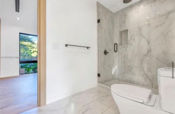 Bathroom, Glass Shower, Interior, Marble, Marble Walls, Recessed Lighting
