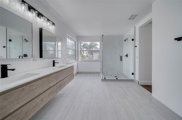 Bathroom, Dual Sink Vanities, Glass Shower, Interior, Wood Texture Flooring