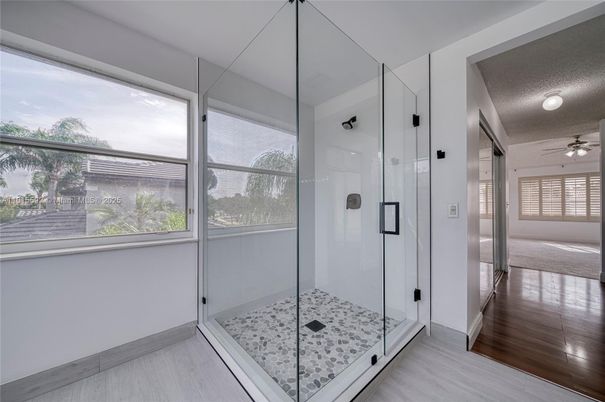 Bathroom, Glass Shower, Interior, Wood Texture Flooring