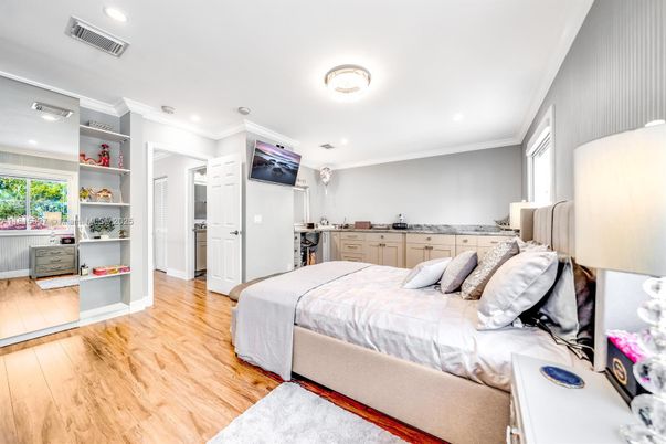 Bedroom, Interior, Recessed Lighting, Wood Texture Flooring
