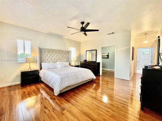Bedroom, Interior, Pendant Lights, Wood Texture Flooring