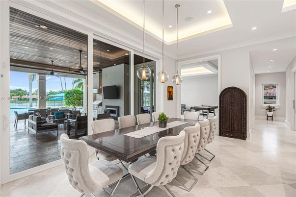 Dining room, Fireplace, Interior, Living room, Pendant Lights, Recessed Lighting, Wooden Ceilings