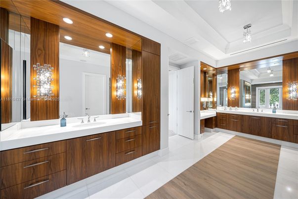 Bathroom, Dual Sink Vanities, Interior, Recessed Lighting, Wood Texture Flooring, Wooden Walls