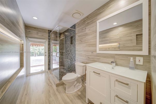 Bathroom, Interior, Recessed Lighting, Wood Texture Flooring, Wooden Walls