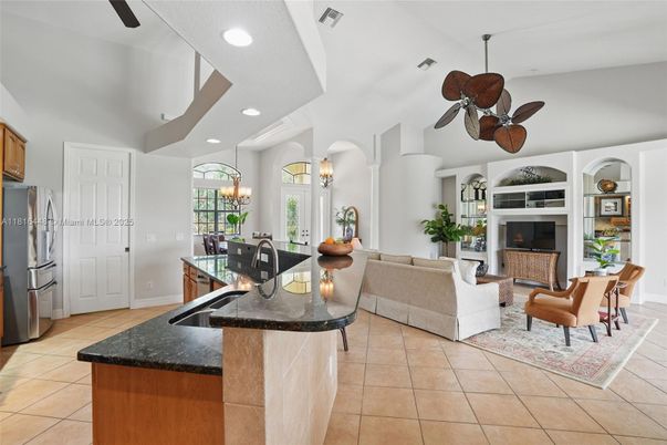 Chandelier, Dining room, Fireplace, Interior, Kitchen, Living room, Recessed Lighting