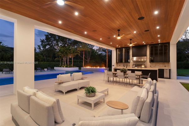 Exterior, Living room, Pool, Recessed Lighting, Wooden Ceilings