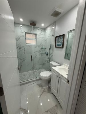 Bathroom, Glass Shower, Interior, Marble, Marble Walls, Recessed Lighting