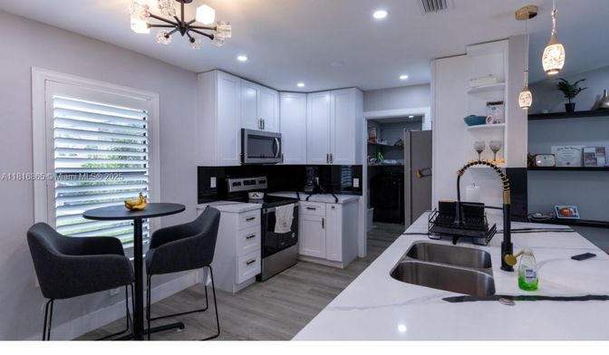 Interior, Kitchen, Pendant Lights, Recessed Lighting, Wood Texture Flooring