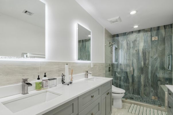 Bathroom, Dual Sink Vanities, Glass Shower, Interior, Recessed Lighting