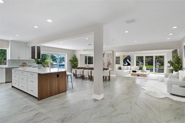 Dining room, Interior, Kitchen, Living room, Marble, Pendant Lights, Recessed Lighting