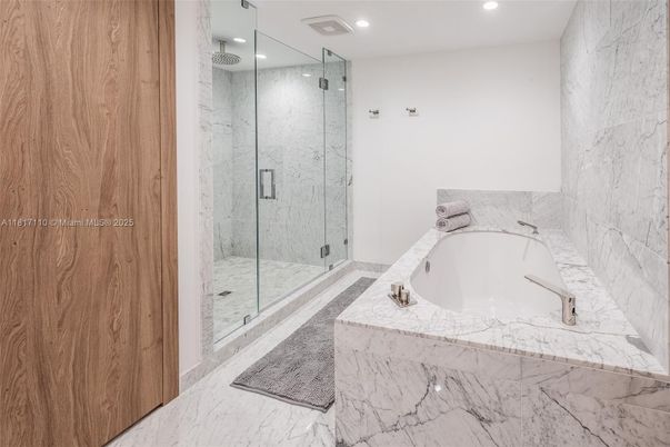 Bathroom, Glass Shower, Interior, Marble, Marble Walls, Recessed Lighting