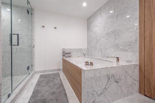 Bathroom, Glass Shower, Interior, Marble, Marble Walls, Recessed Lighting