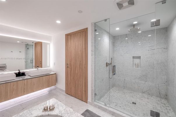 Bathroom, Glass Shower, Interior, Marble, Marble Walls, Recessed Lighting