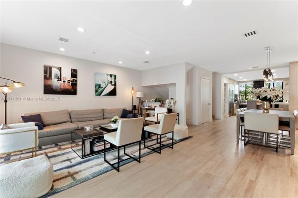 Dining room, Interior, Living room, Pendant Lights, Recessed Lighting, Wood Texture Flooring