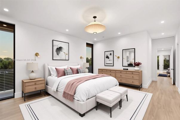 Bedroom, Interior, Pendant Lights, Recessed Lighting, Wood Texture Flooring