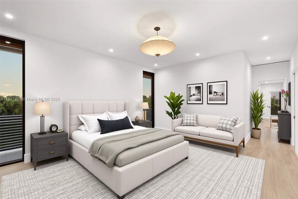 Bedroom, Interior, Pendant Lights, Recessed Lighting, Wood Texture Flooring