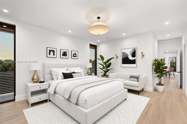 Bedroom, Interior, Pendant Lights, Recessed Lighting, Wood Texture Flooring