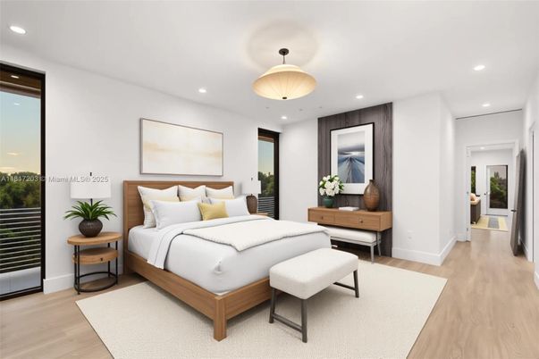 Bedroom, Interior, Pendant Lights, Recessed Lighting, Wood Texture Flooring