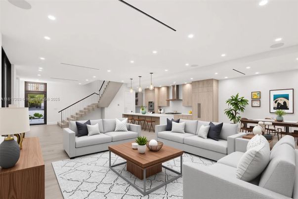Dining room, Interior, Kitchen, Living room, Pendant Lights, Recessed Lighting, Stainless Steel Appliances, Wood Texture Flooring