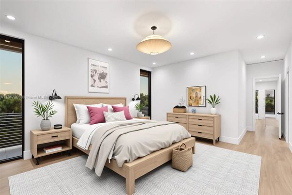 Bedroom, Interior, Pendant Lights, Recessed Lighting, Wood Texture Flooring