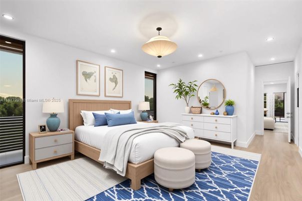 Bedroom, Interior, Pendant Lights, Recessed Lighting, Wood Texture Flooring