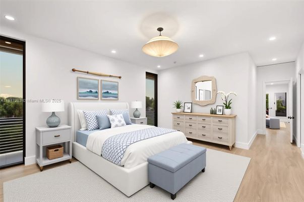 Bedroom, Interior, Pendant Lights, Recessed Lighting, Wood Texture Flooring