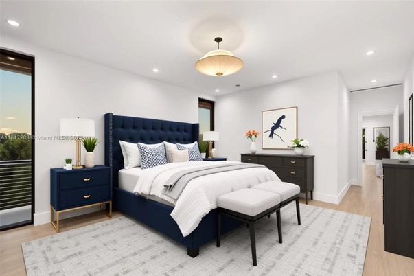 Bedroom, Interior, Pendant Lights, Recessed Lighting, Wood Texture Flooring