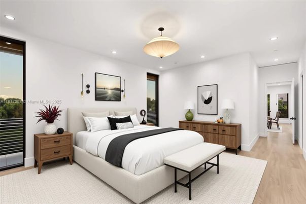 Bedroom, Interior, Pendant Lights, Recessed Lighting, Wood Texture Flooring