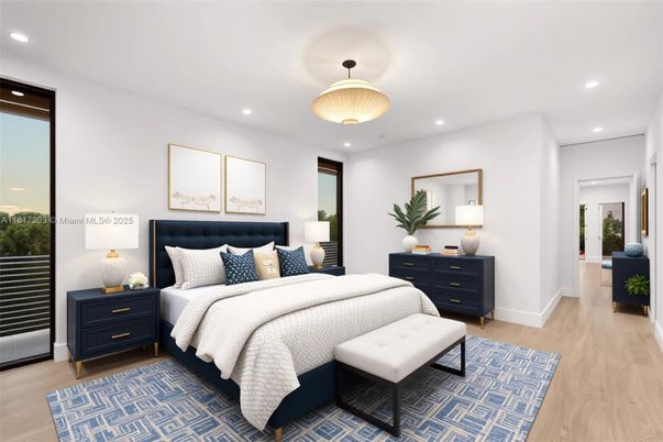 Bedroom, Interior, Pendant Lights, Recessed Lighting, Wood Texture Flooring