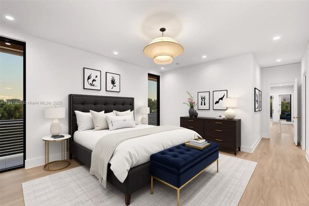 Bedroom, Interior, Pendant Lights, Recessed Lighting, Wood Texture Flooring