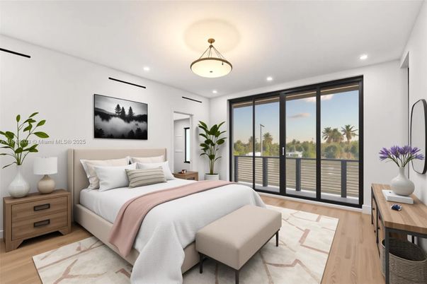 Bedroom, Interior, Pendant Lights, Recessed Lighting, Wood Texture Flooring