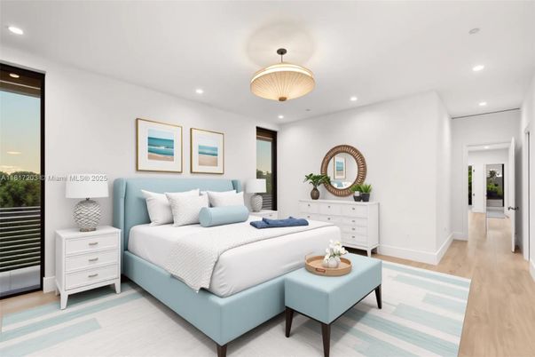 Bedroom, Interior, Pendant Lights, Recessed Lighting, Wood Texture Flooring