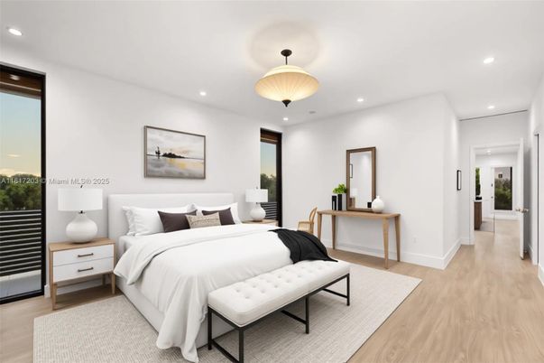 Bedroom, Interior, Recessed Lighting, Wood Texture Flooring