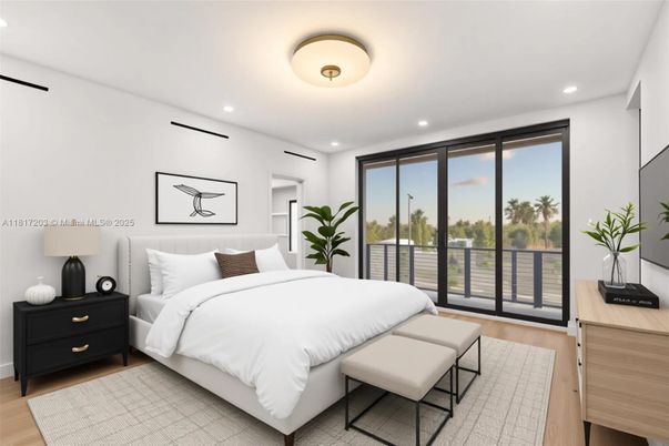 Bedroom, Interior, Recessed Lighting, Wood Texture Flooring
