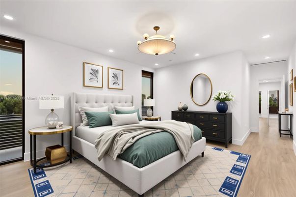 Bedroom, Interior, Recessed Lighting, Wood Texture Flooring