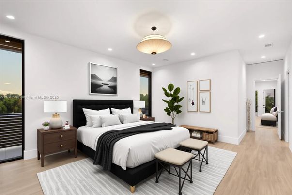 Bedroom, Interior, Recessed Lighting, Wood Texture Flooring