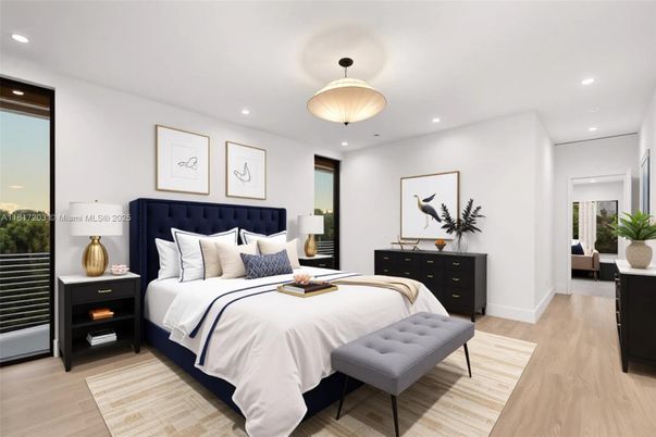 Bedroom, Interior, Pendant Lights, Recessed Lighting, Wood Texture Flooring